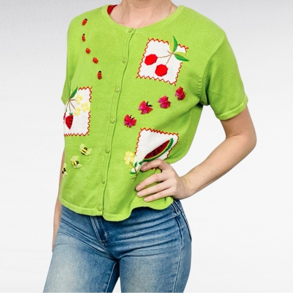 VINTAGE | Classics by Marisa Christina Petite Green Button Front Appliqué Shirt - Picture 7 of 12